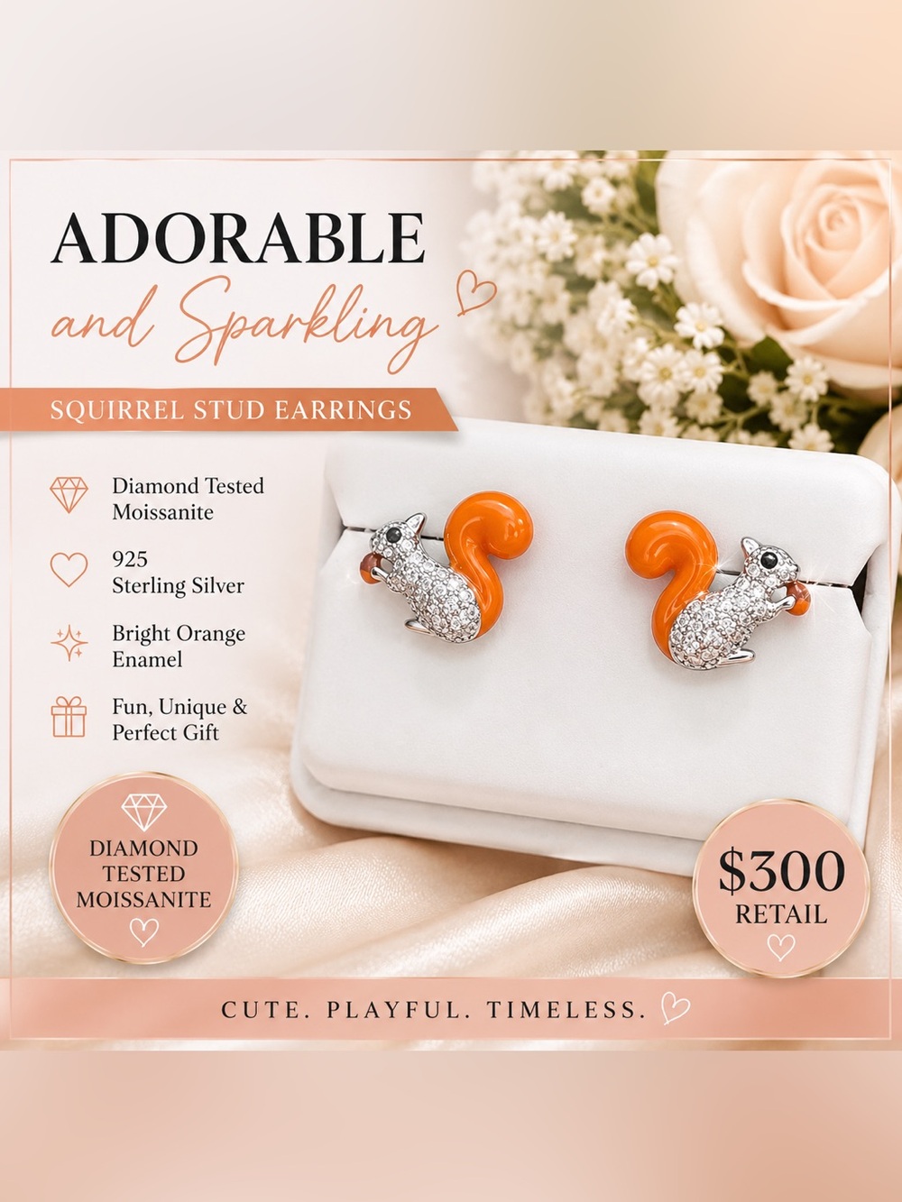Squirrel Sterling Silver Moissanite & Enamel Stud Earrings - retail $300